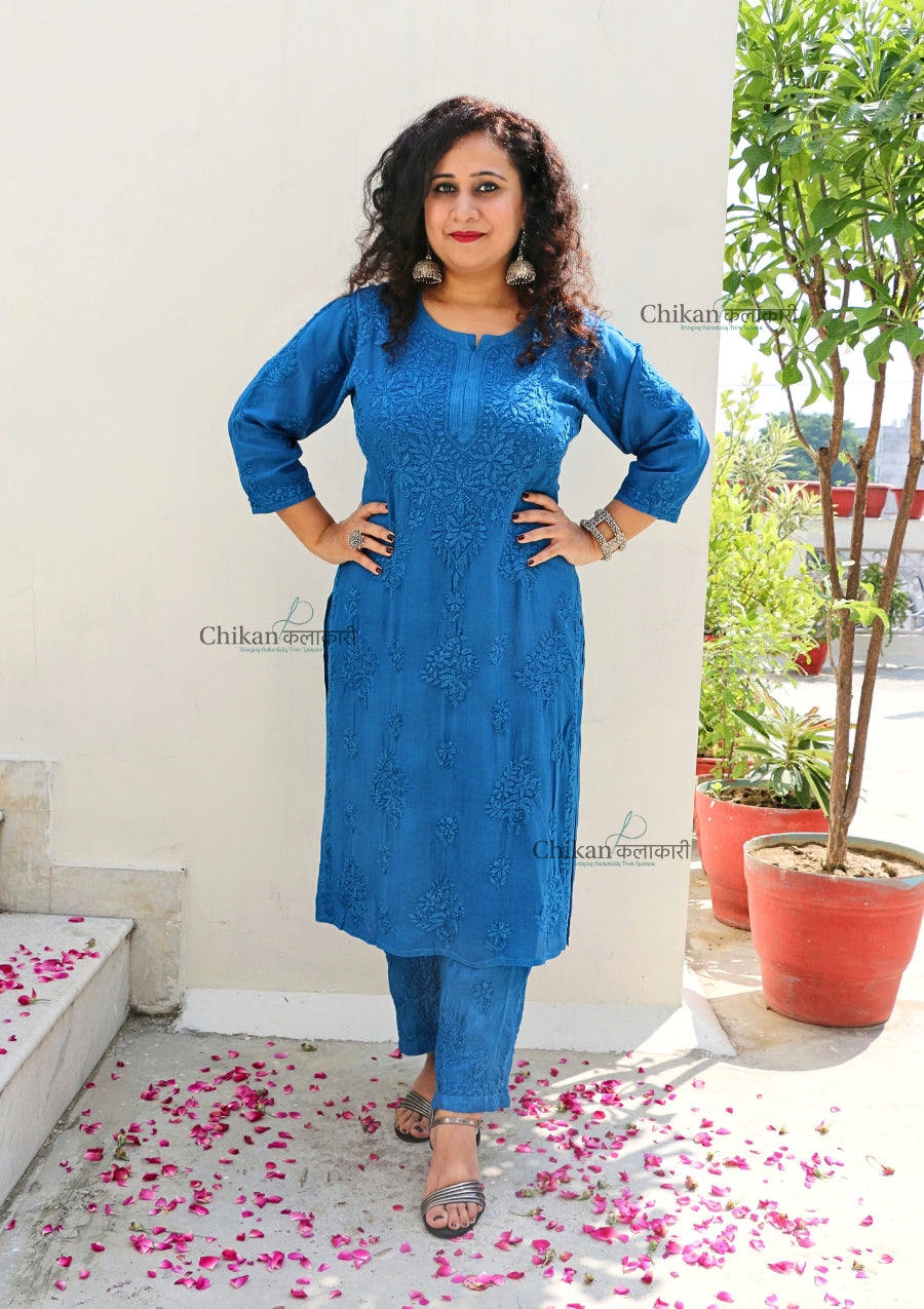 Aafreen Muslin Chikankari Kurti & Palazzo Set - Blue