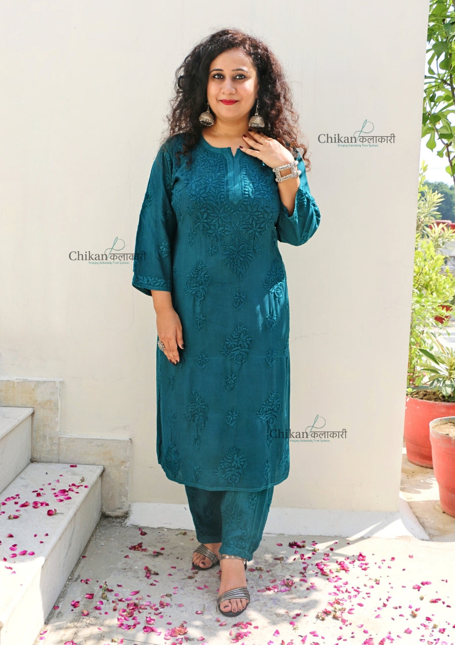 Aafreen Muslin Chikankari Kurti & Palazzo Set - Green