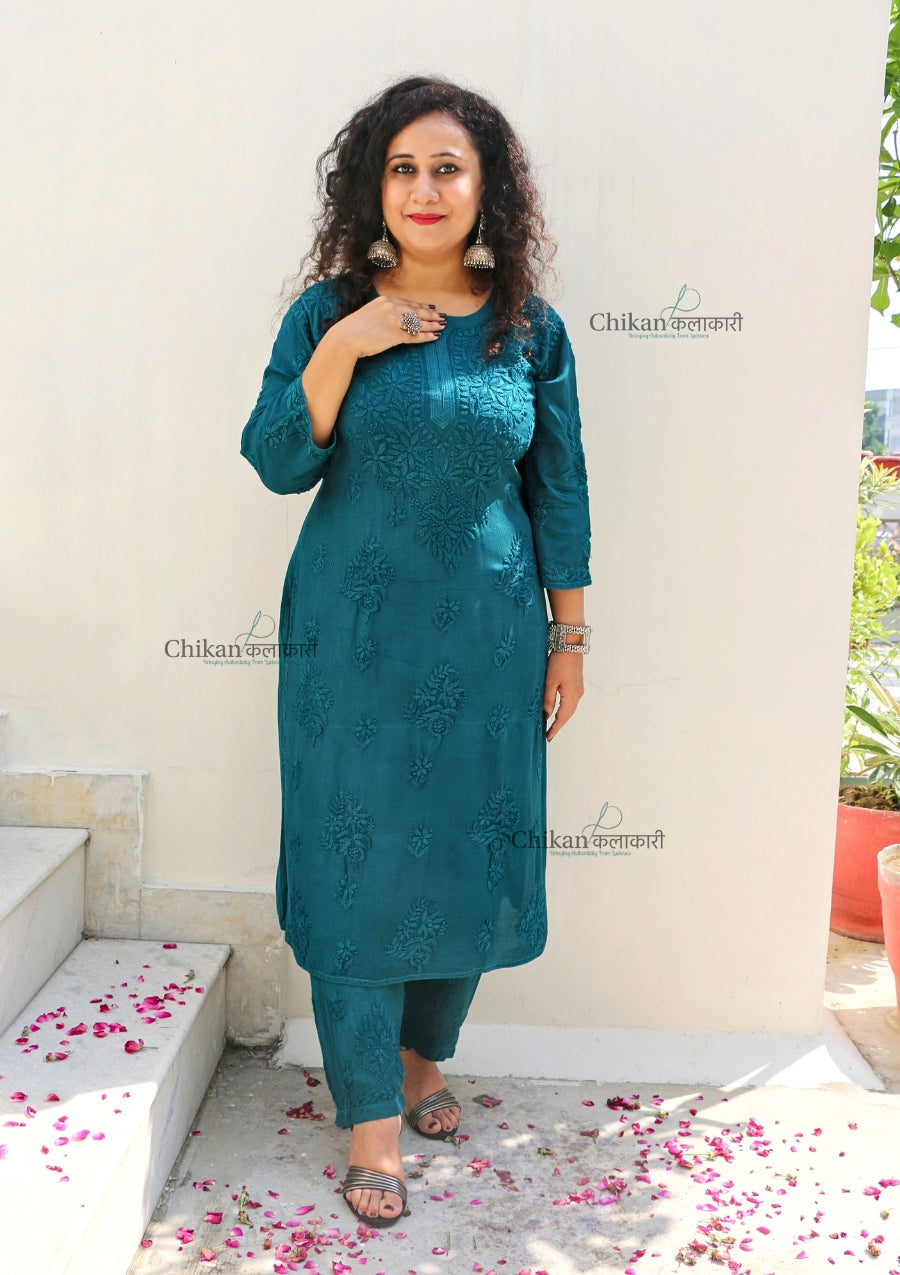 Aafreen Muslin Chikankari Kurti & Palazzo Set - Green