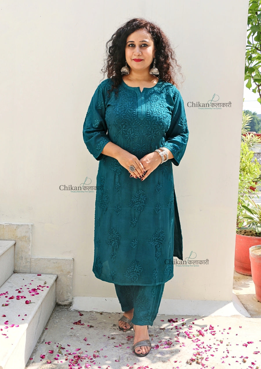 Aafreen Muslin Chikankari Kurti & Palazzo Set - Green