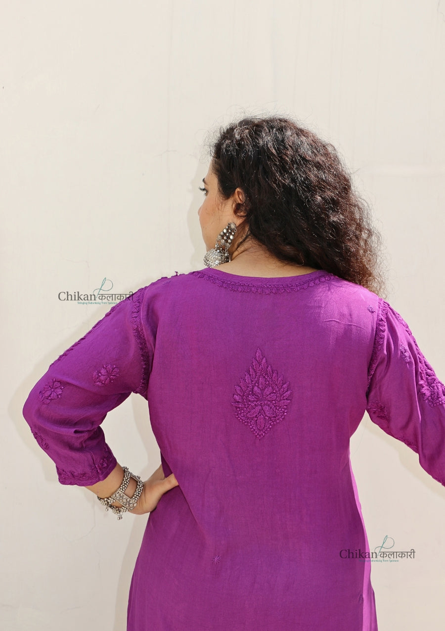 Aafreen Muslin Chikankari Kurti & Palazzo Set - Purple