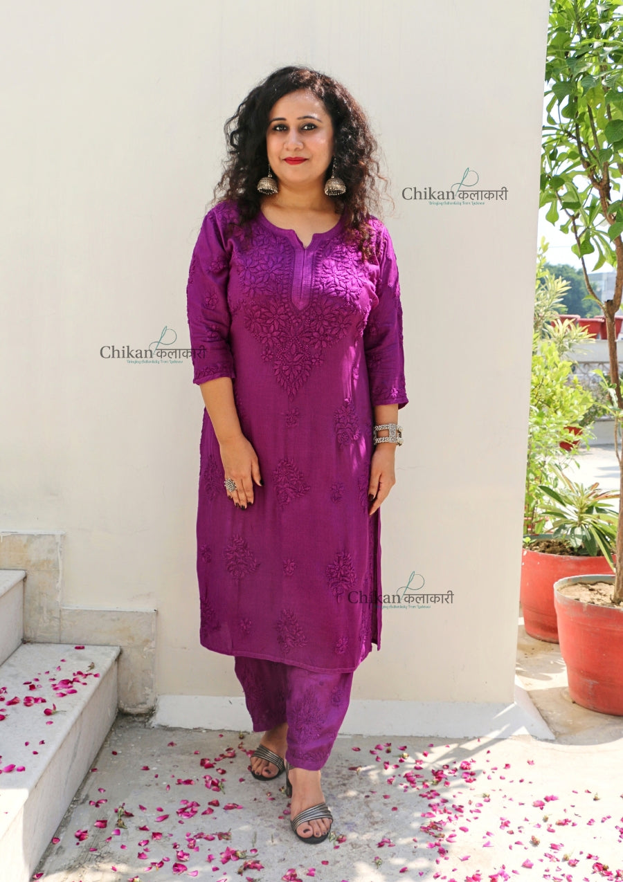 Aafreen Muslin Chikankari Kurti & Palazzo Set - Purple