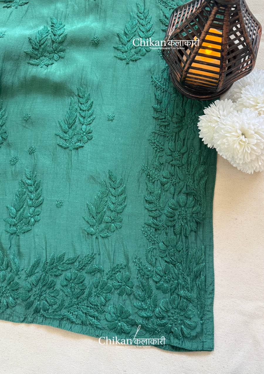 Aaira Muslin Chikankari Kurti Set - Bottle Green