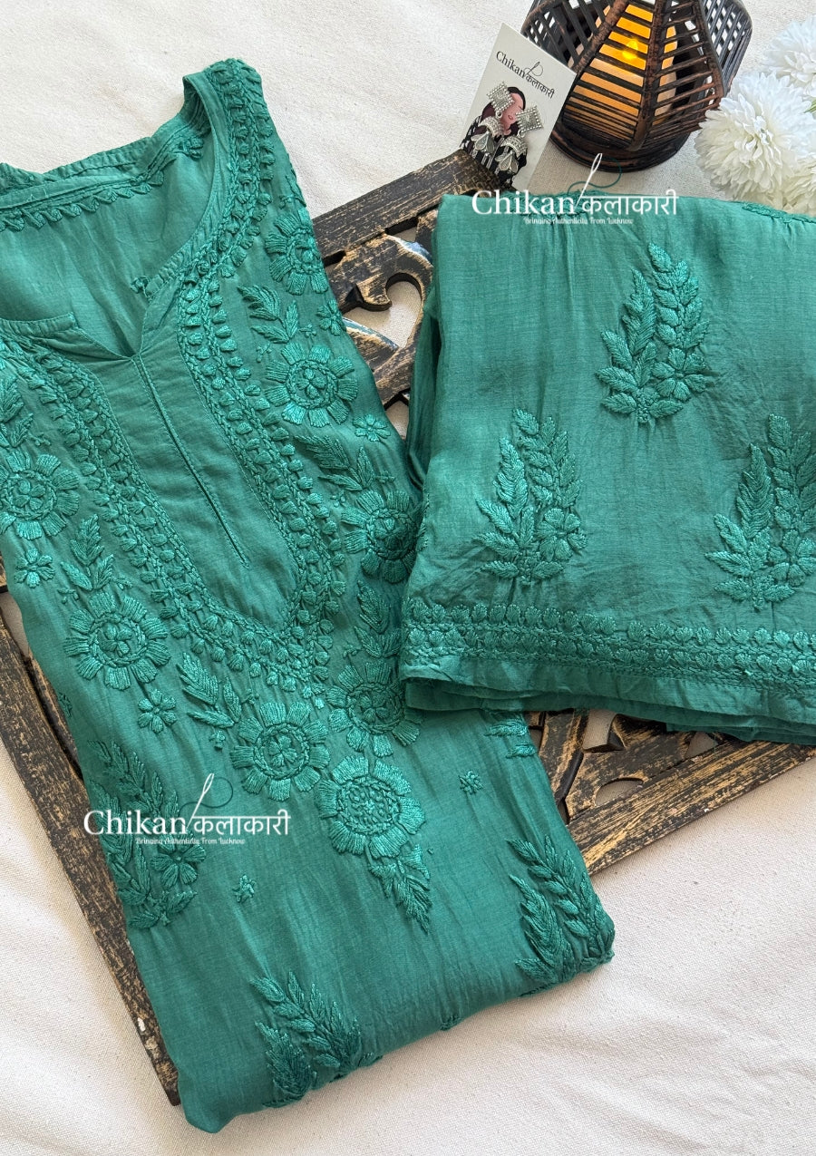 Aaira Muslin Chikankari Kurti Set - Bottle Green