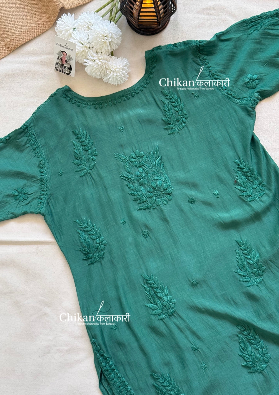 Aaira Muslin Chikankari Kurti Set - Bottle Green