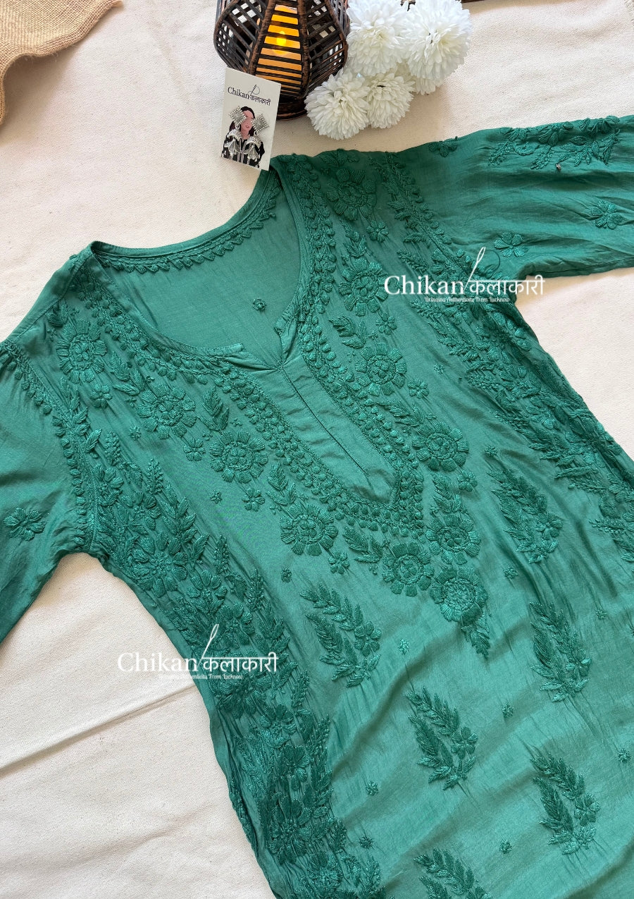 Aaira Muslin Chikankari Kurti Set - Bottle Green