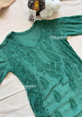 Aaira Muslin Chikankari Kurti Set - Bottle Green