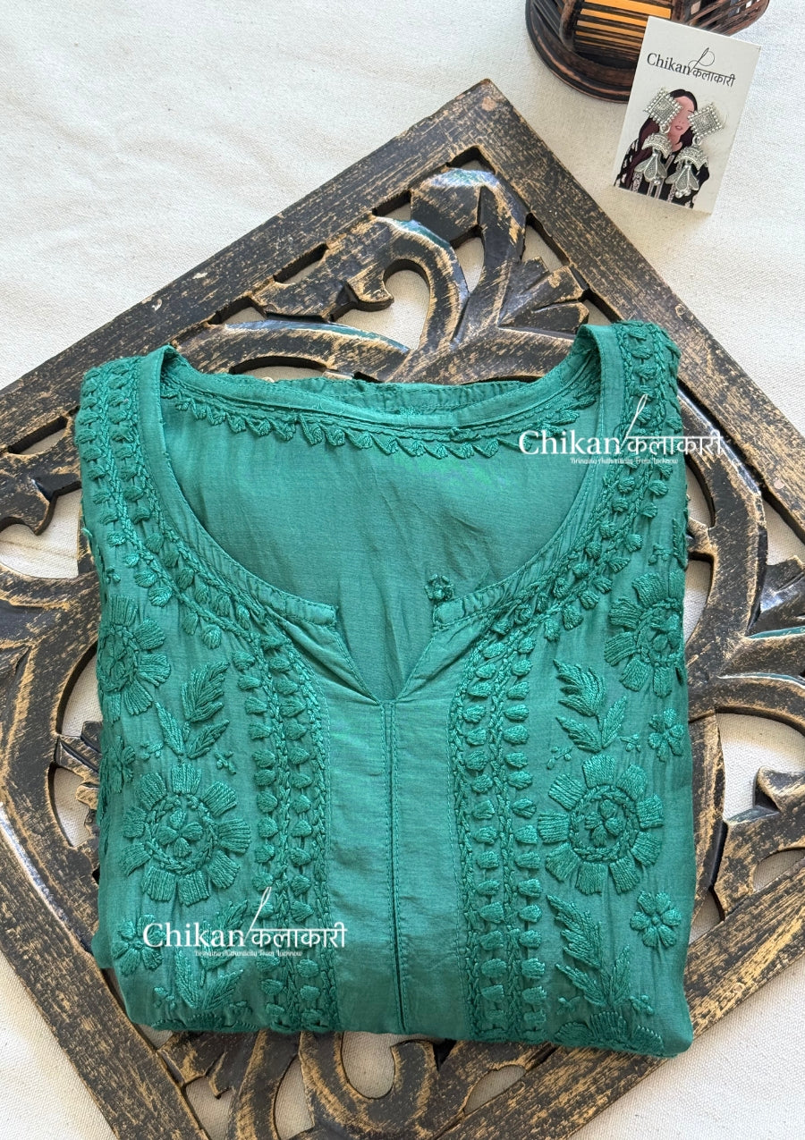Aaira Muslin Chikankari Kurti Set - Bottle Green
