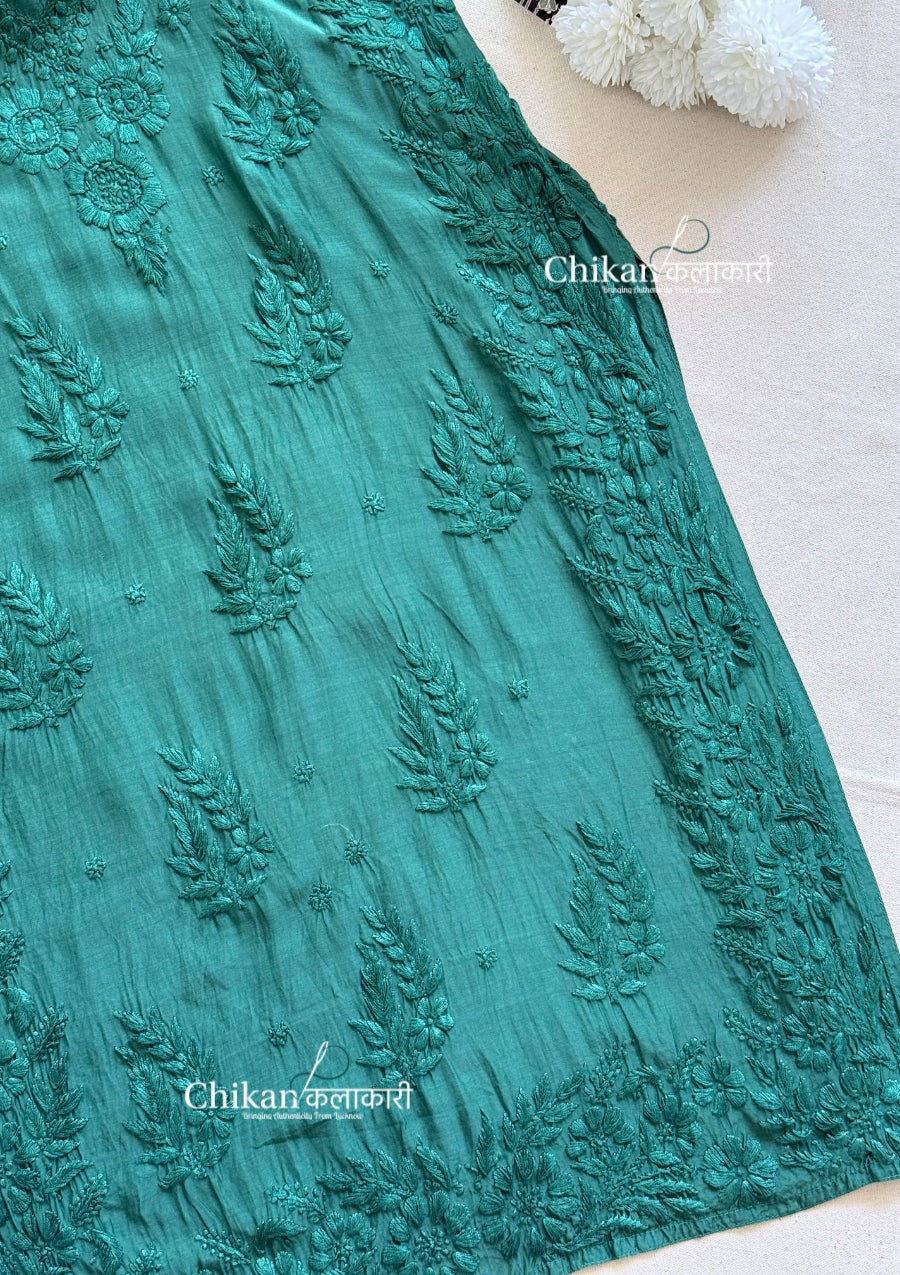 Aaira Muslin Chikankari Kurti Set - Bottle Green