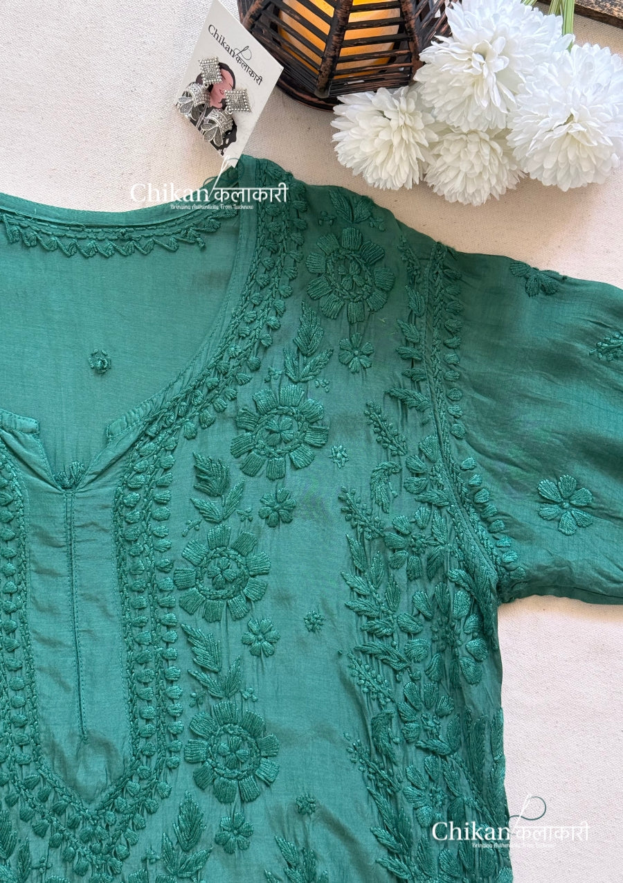 Aaira Muslin Chikankari Kurti Set - Bottle Green