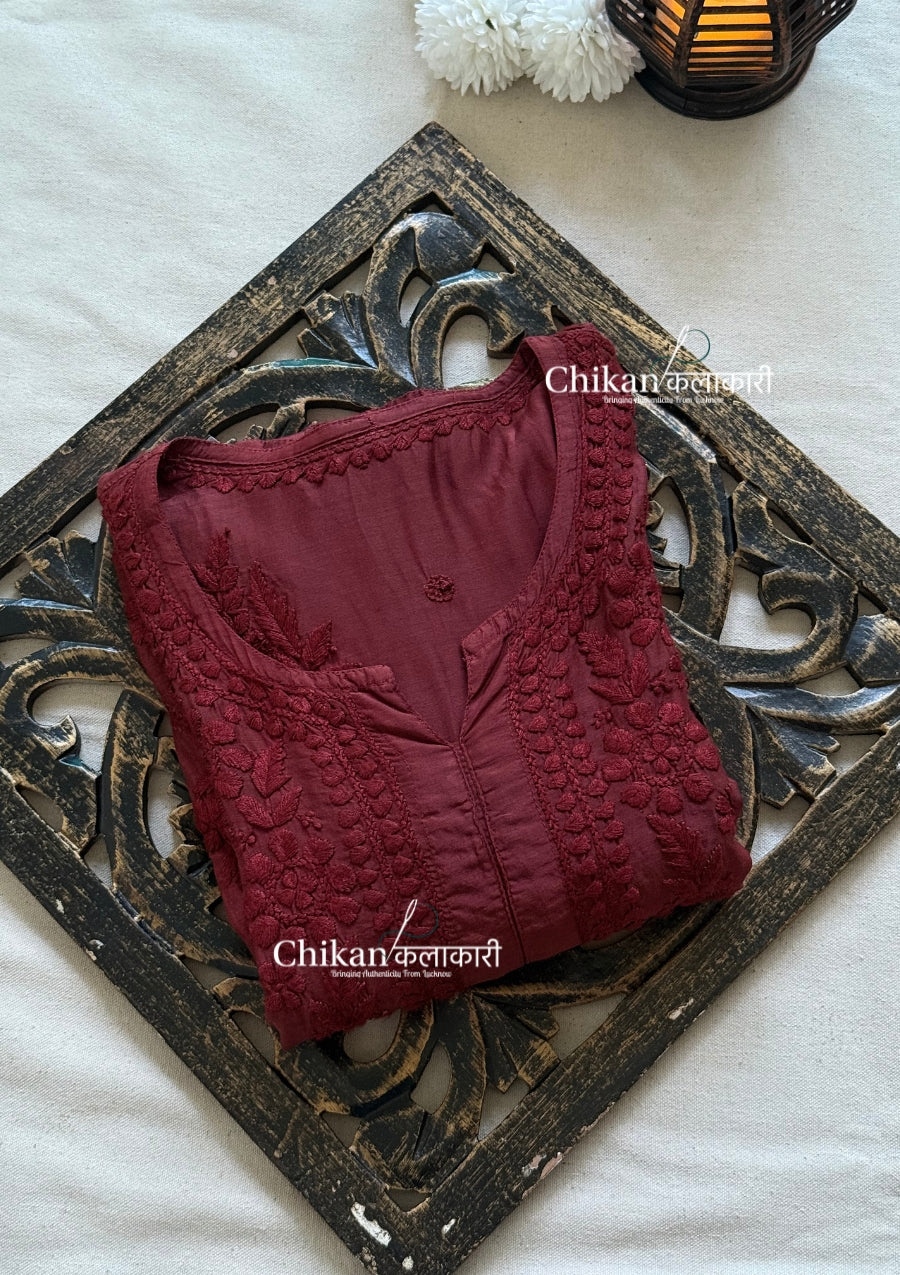 Aaira Muslin Chikankari Kurti Set - Brown