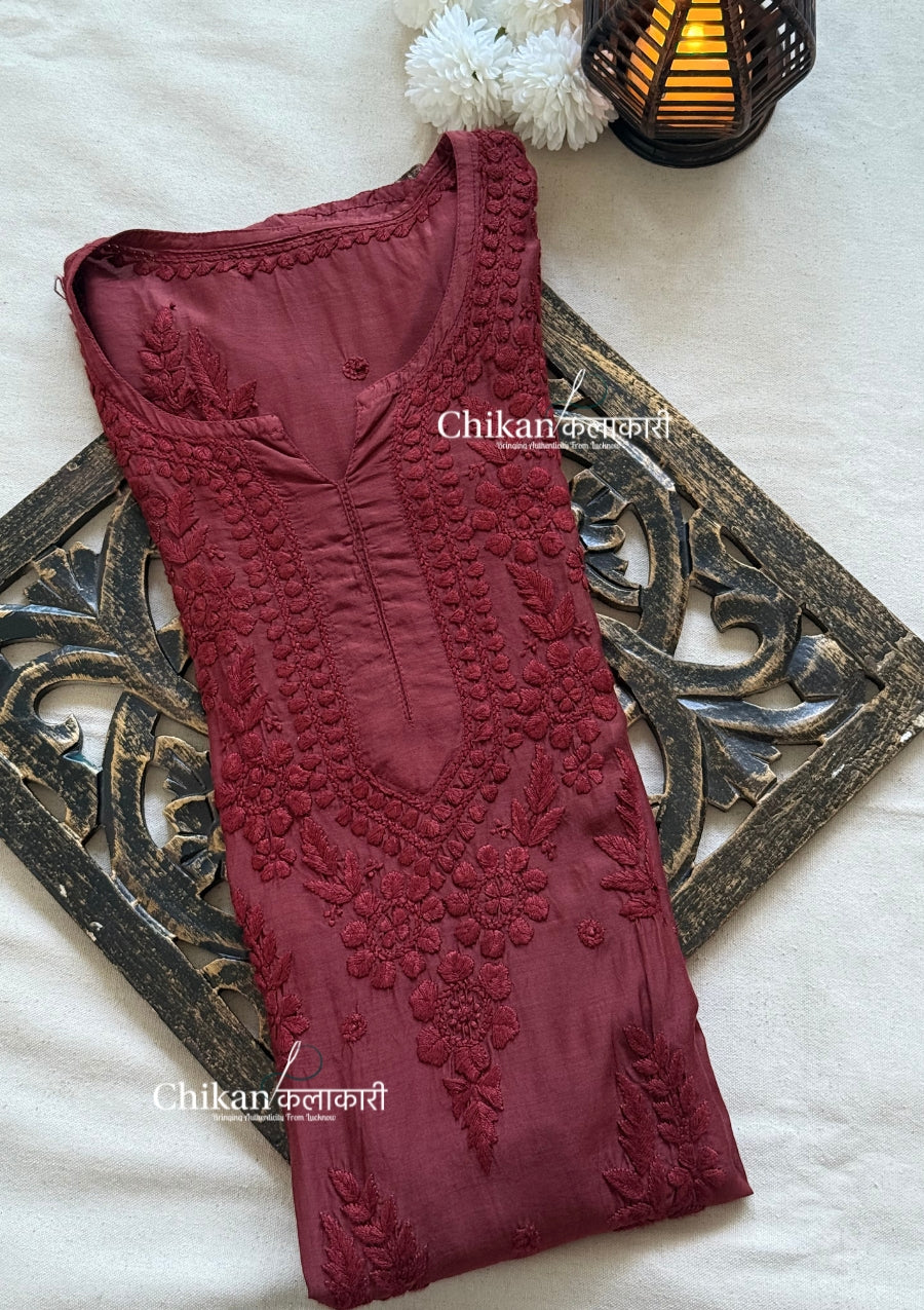 Aaira Muslin Chikankari Kurti Set - Brown