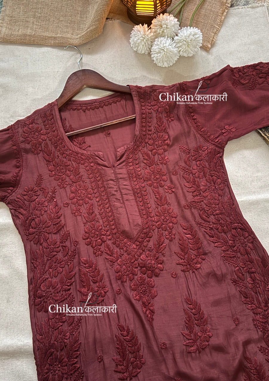 Aaira Muslin Chikankari Kurti Set - Brown