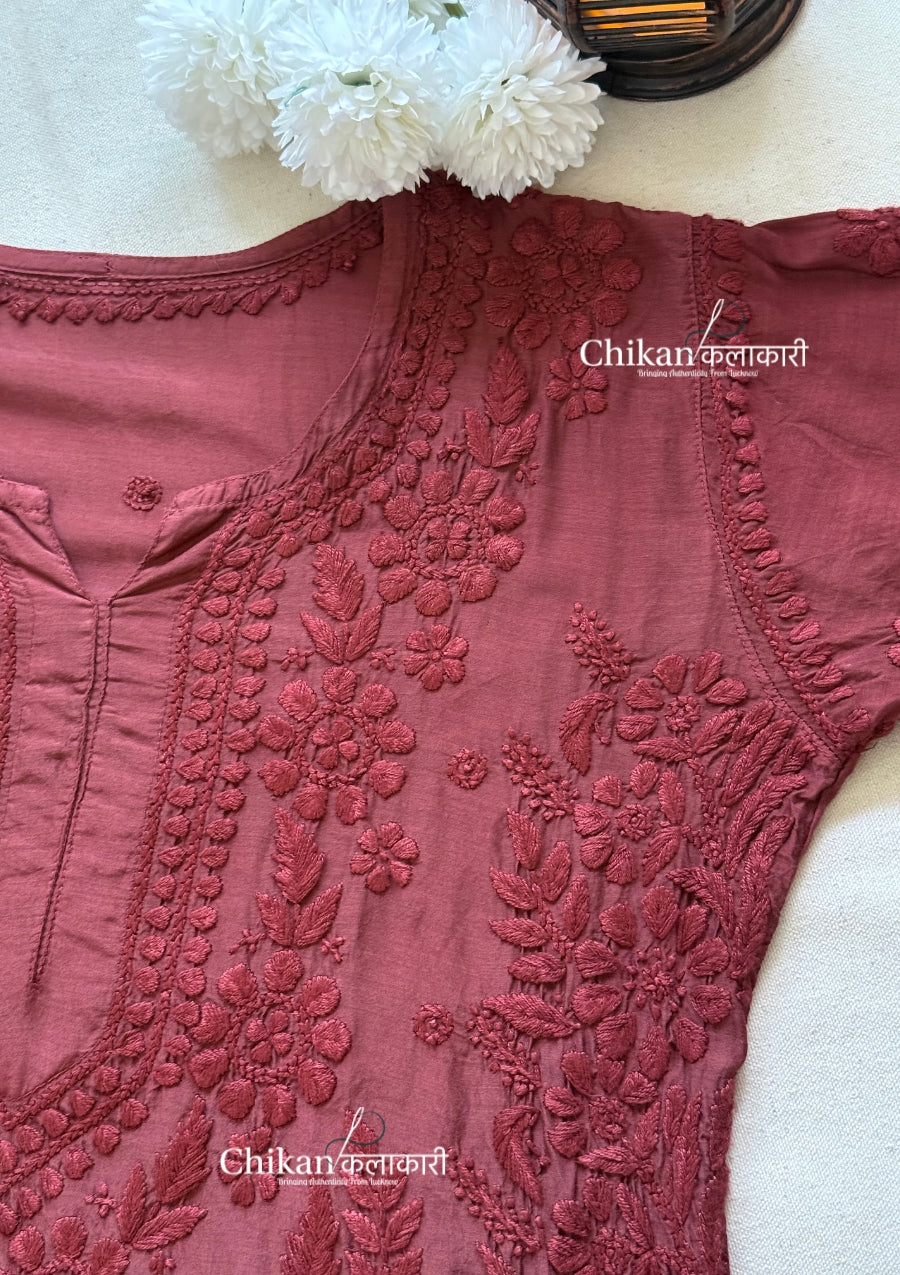 Aaira Muslin Chikankari Kurti Set - Brown