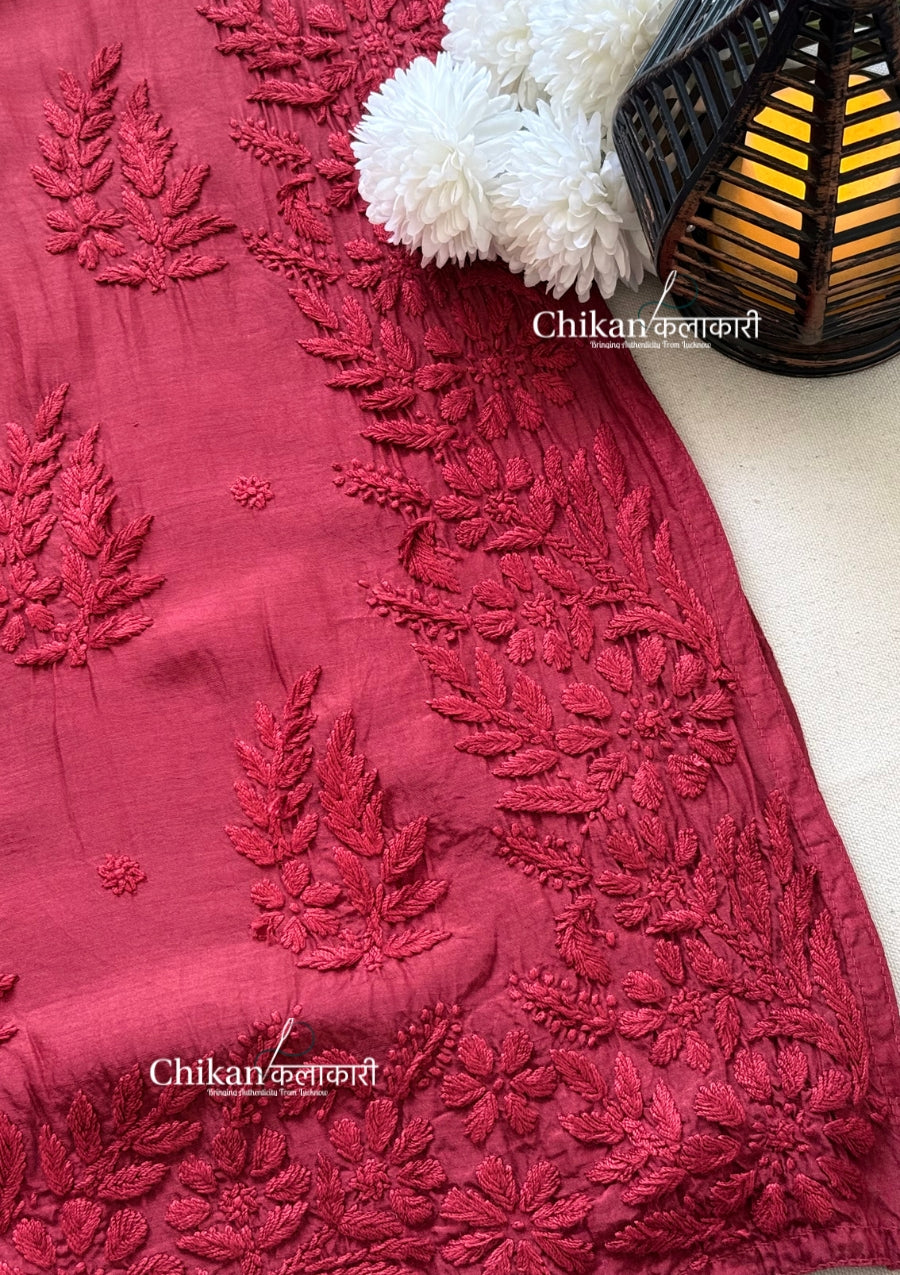 Aaira Muslin Chikankari Kurti Set - Maroon