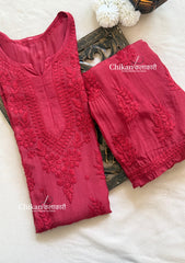 Aaira Muslin Chikankari Kurti Set - Maroon