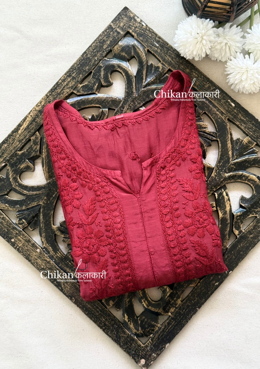 Aaira Muslin Chikankari Kurti Set - Maroon