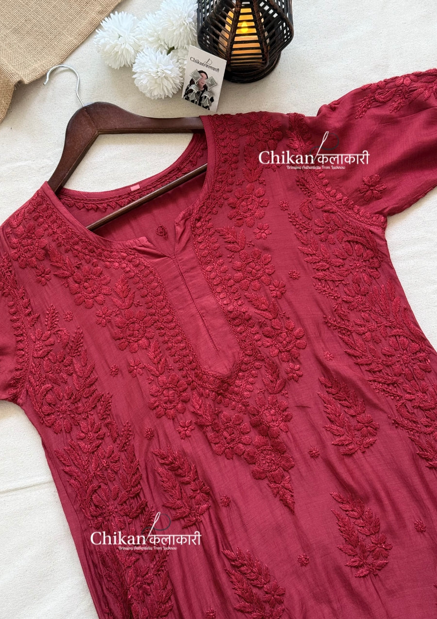 Aaira Muslin Chikankari Kurti Set - Maroon