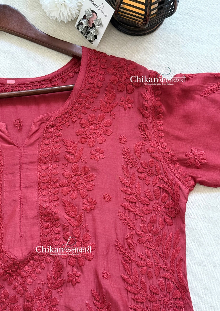 Aaira Muslin Chikankari Kurti Set - Maroon