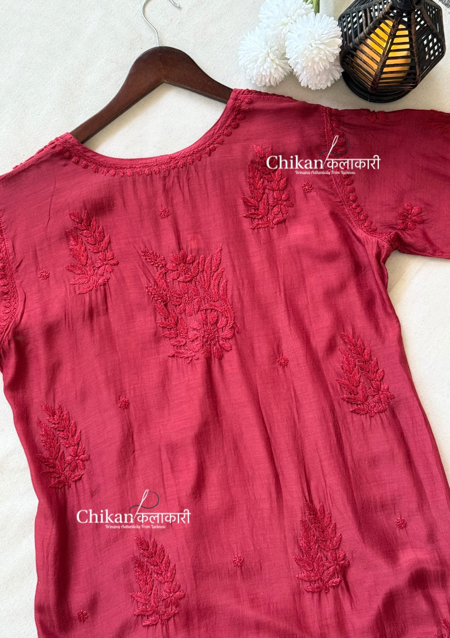 Aaira Muslin Chikankari Kurti Set - Maroon
