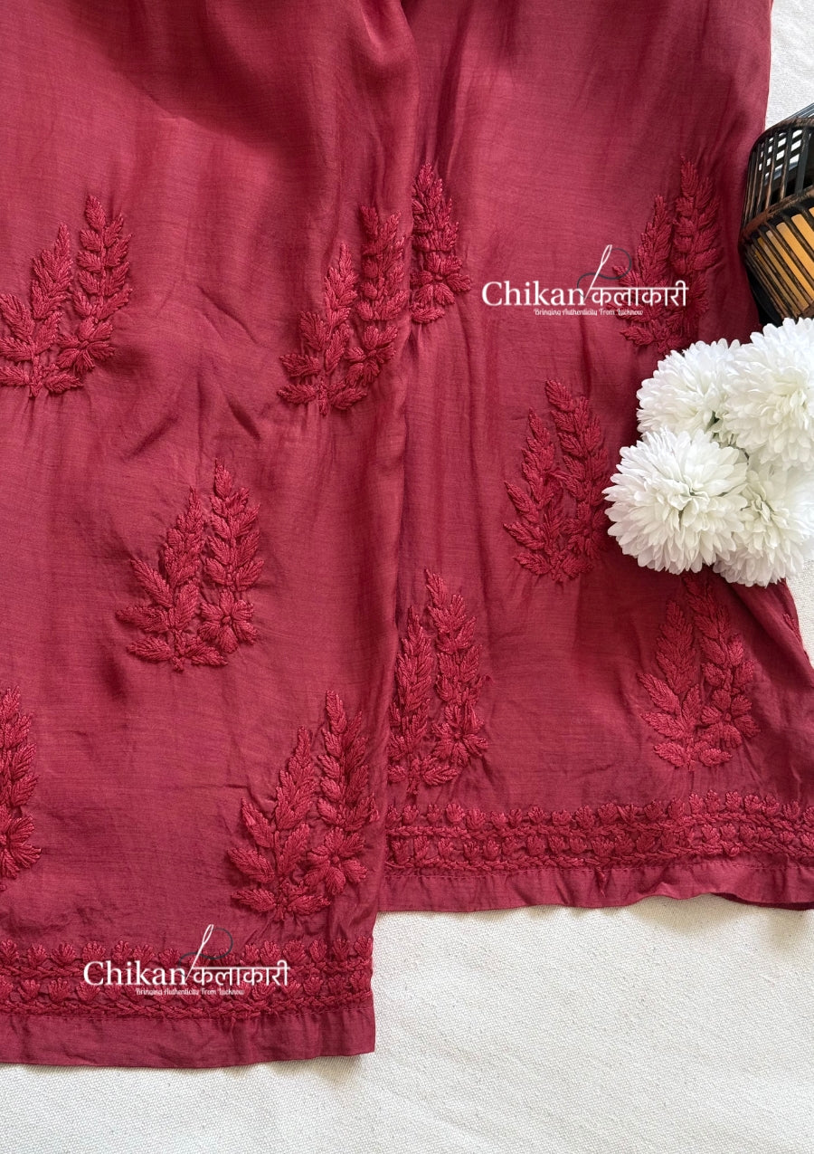 Aaira Muslin Chikankari Kurti Set - Maroon