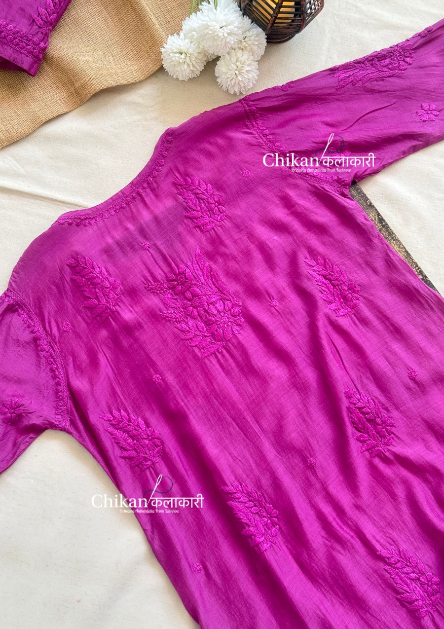 Aaira Muslin Chikankari Kurti Set - Wine