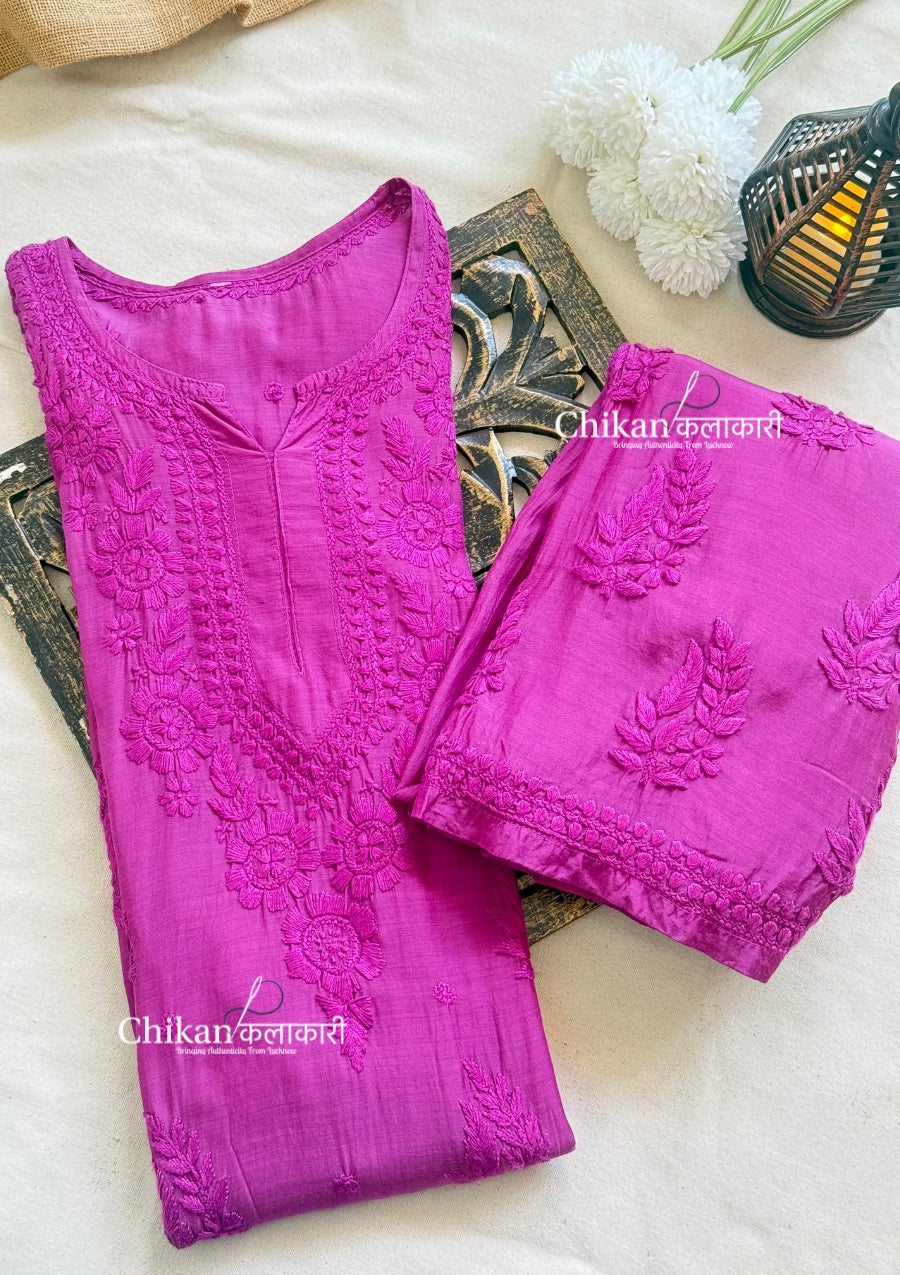 Aaira Muslin Chikankari Kurti Set - Wine
