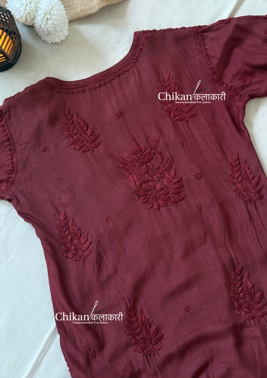 Aaira Muslin Chikankari Kurti Set - Brown