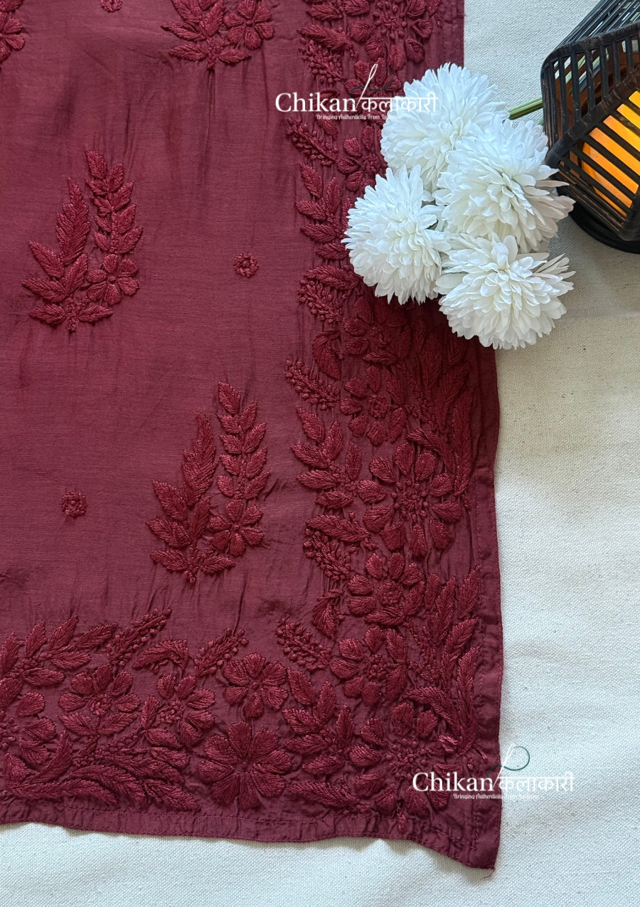 Aaira Muslin Chikankari Kurti Set - Brown