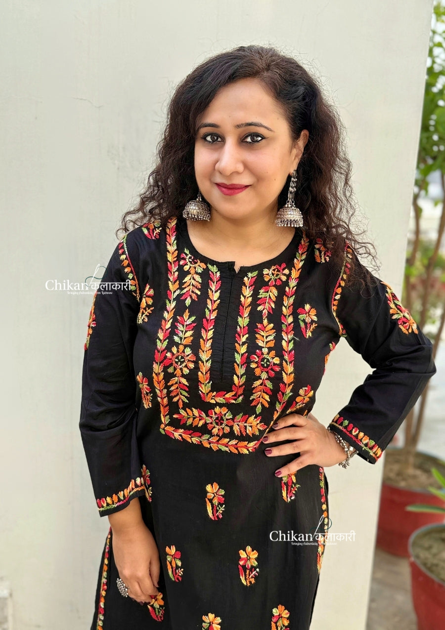 Aalia Cotton Multi Black Chikankari Kurti