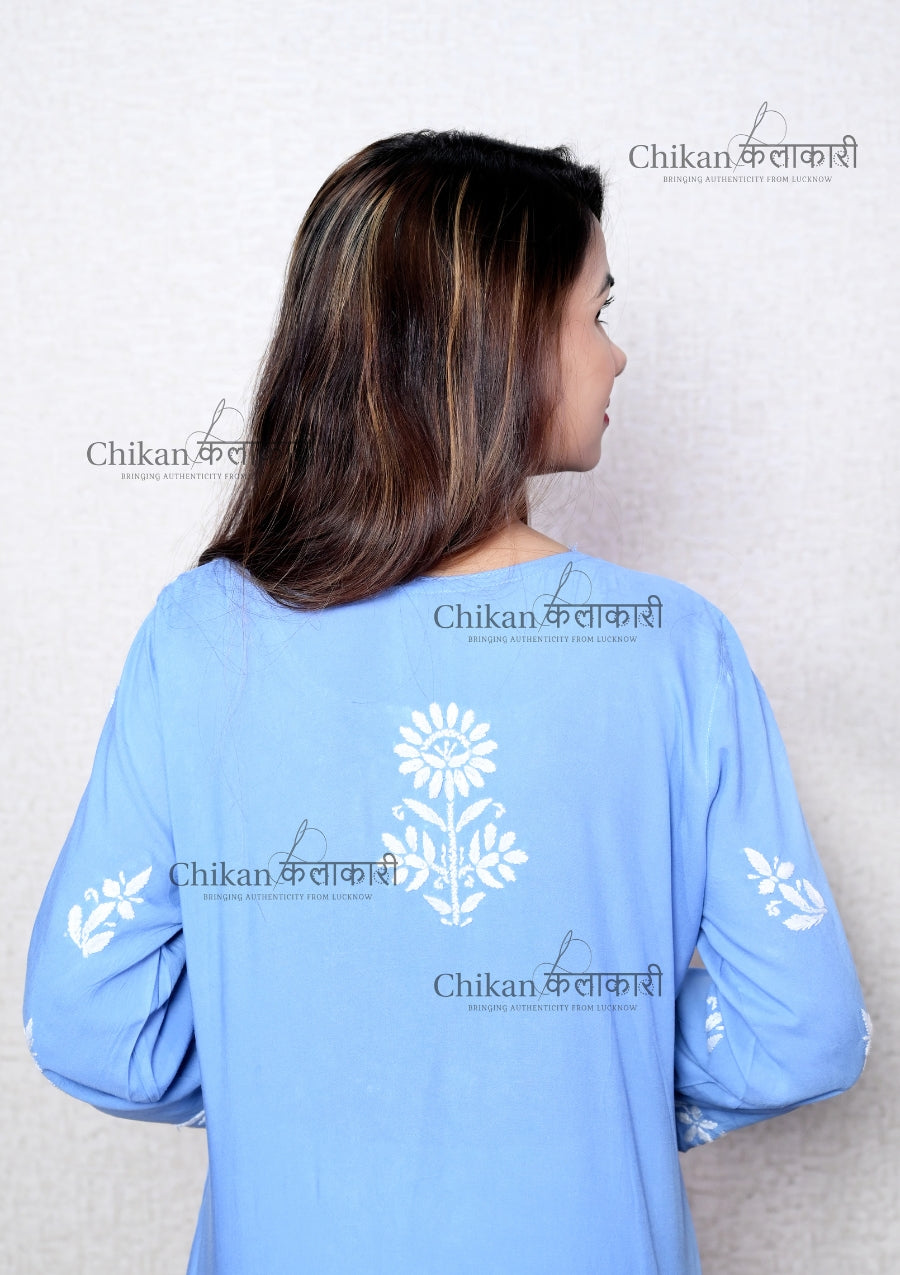 Preksha Modal Chikankari Kurti Blue | lucknowi chikankari kurti | lakhnavi kurti | chicken curry kurti | lucknow chikan kurti