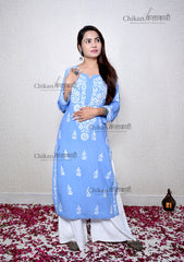 Preksha Modal Chikankari Kurti Blue Front | lucknowi chikankari kurti | lakhnavi kurta | chicken curry kurti | lakhnavi kurti