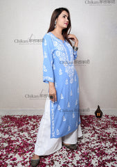 Preksha Modal Chikankari Kurti Blue | lucknowi chikankari kurti | lakhnavi kurta | chicken curry kurti | house of chikankari