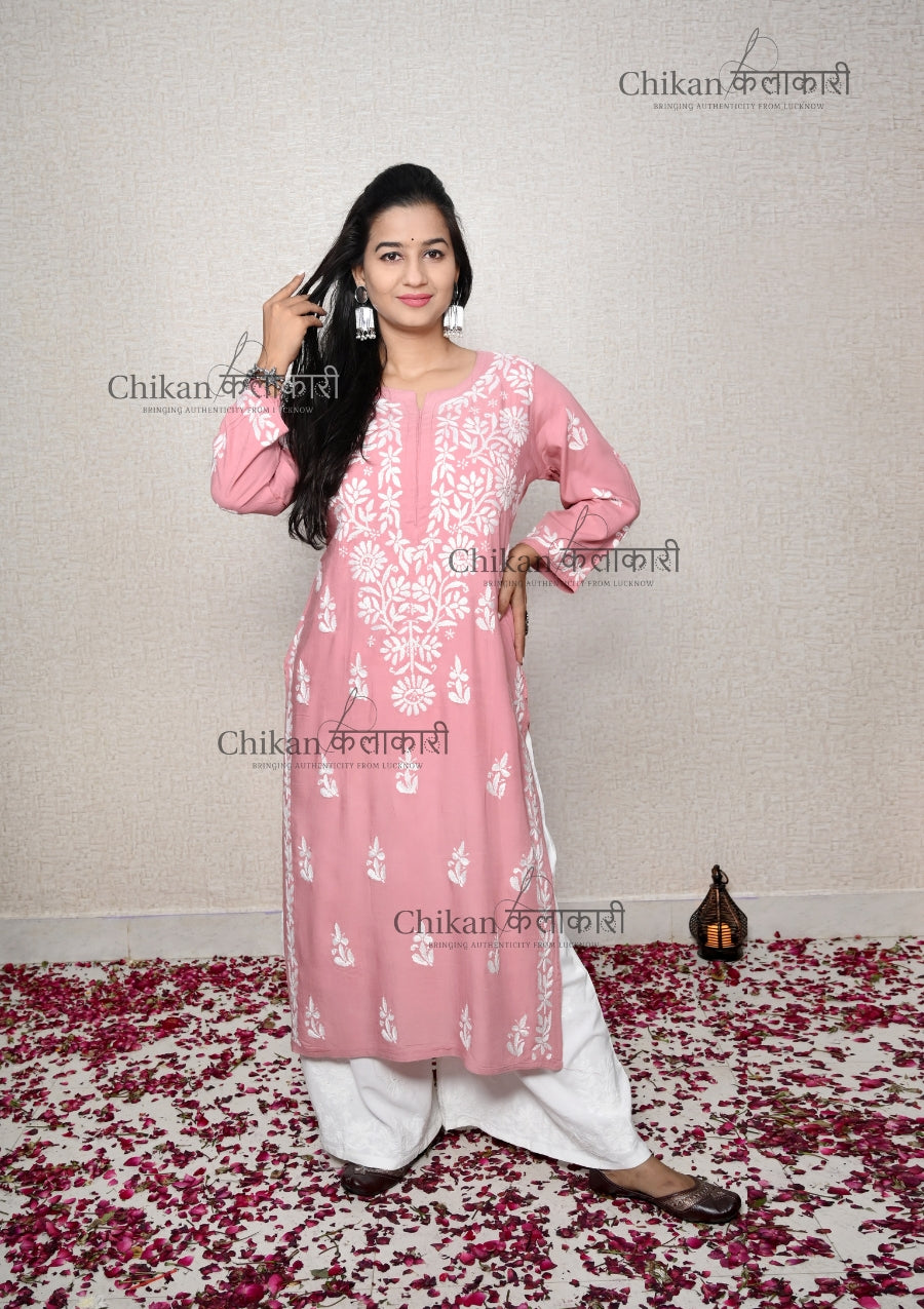 Preksha Modal Chikankari Kurti Pink Front | lucknowi chikankari kurti | lakhnavi kurta | chicken curry kurti lakhnavi kurti  