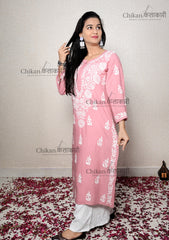 Preksha Modal Chikankari Kurti Pink | lucknowi chikankari kurti | lakhnavi kurta | chicken curry kurti cotton chikankari kurti