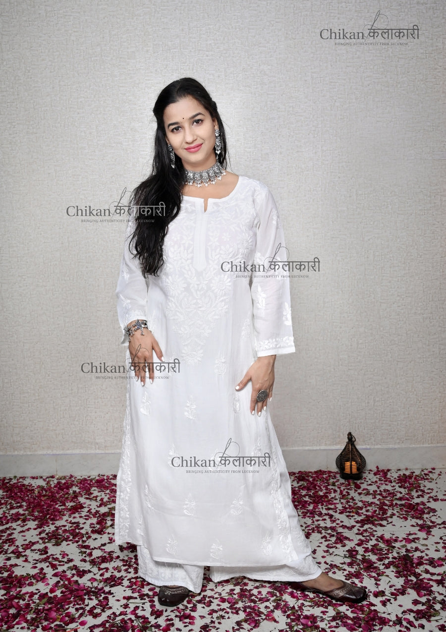 Preksha Modal White Chikankari Kurta | lucknowi chikankari kurti | lakhnavi kurta | chicken curry kurti | lucknow chikan kurti