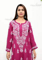 Preksha Modal Chikankari Kurti Wine Close | lucknowi chikankari kurti | lakhnavi kurta | chicken curry kurta | lakhnavi kurti