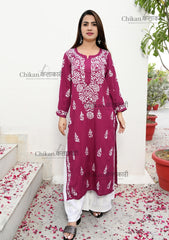 Preksha Modal Chikankari Kurti Wine | lucknowi chikankari kurti | lakhnavi kurta | chicken curry kurti | lucknow chikan kurti