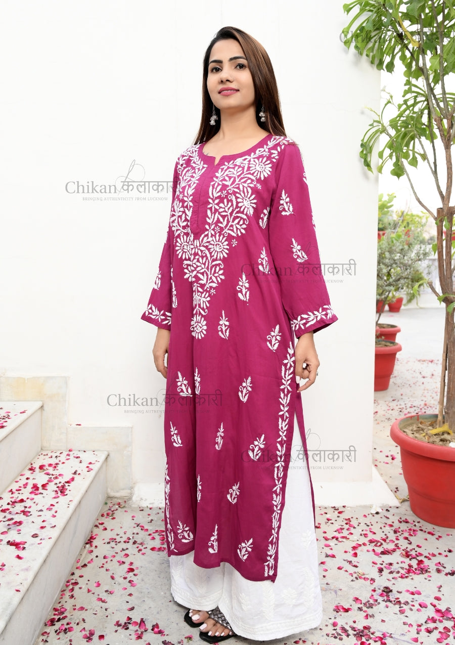 Preksha Modal Chikankari Kurti Wine | lucknowi chikankari kurti | lakhnavi kurta | chicken curry kurti | lakhnavi kurti