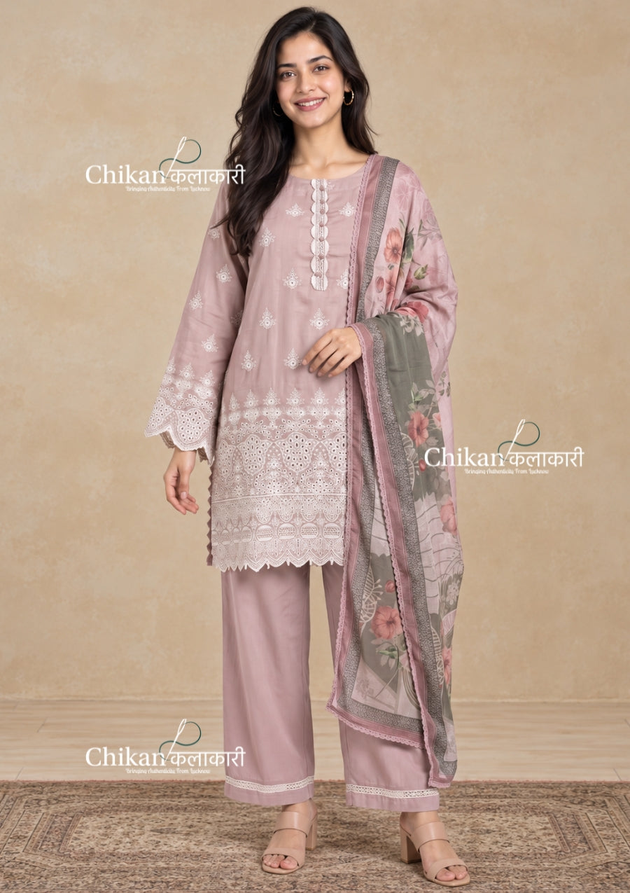 Adaa Dusty Pink Cotton Threadwork Straight Kurta With Palazzos & Dupatta