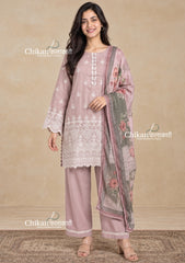 Adaa Dusty Pink Cotton Threadwork Straight Kurta With Palazzos & Dupatta