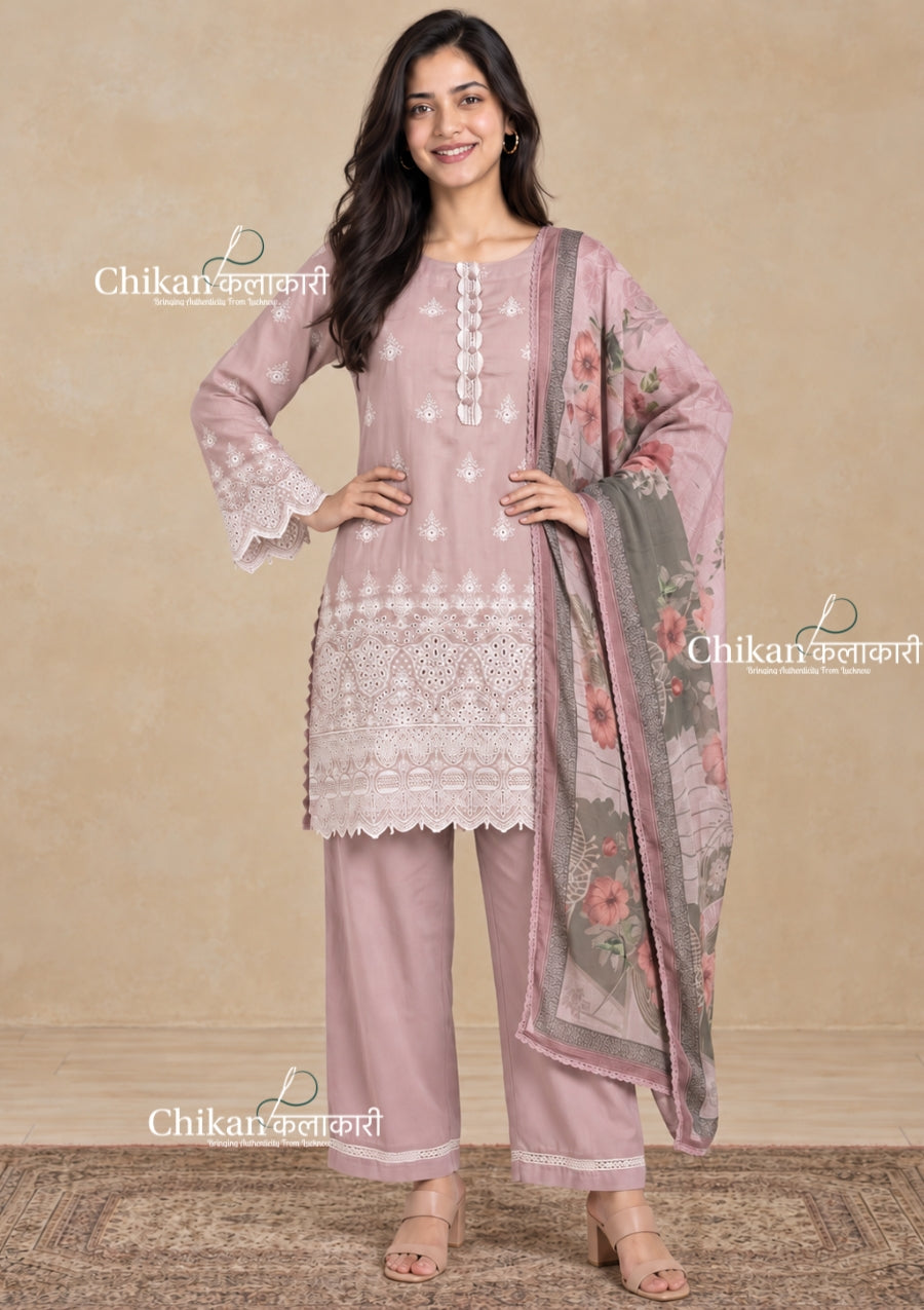 Adaa Dusty Pink Cotton Threadwork Straight Kurta With Palazzos & Dupatta