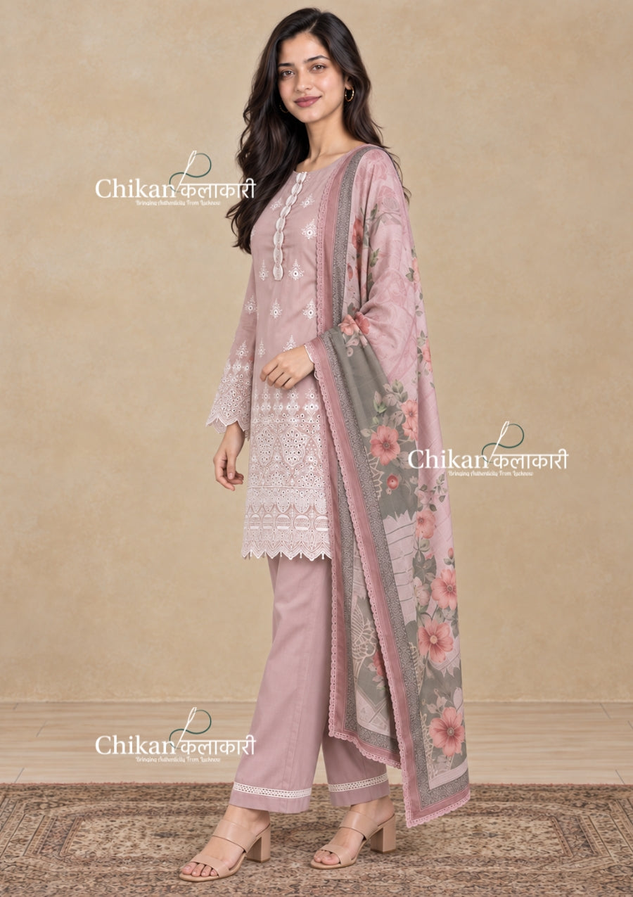 Adaa Dusty Pink Cotton Threadwork Straight Kurta With Palazzos & Dupatta