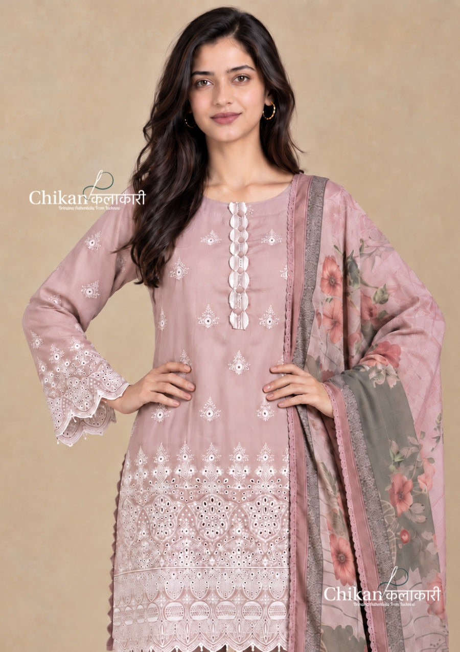 Adaa Dusty Pink Cotton Threadwork Straight Kurta With Palazzos & Dupatta