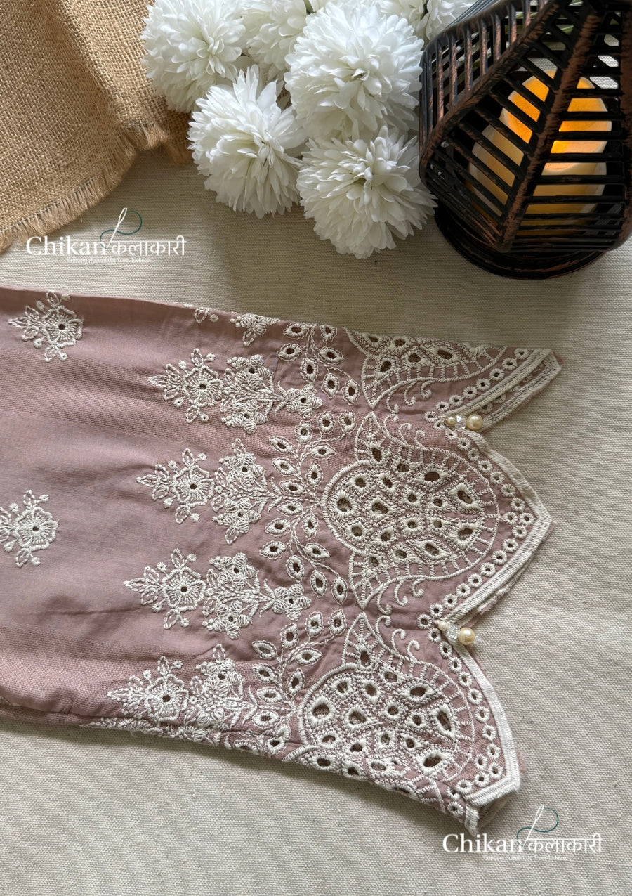 Adaa Dusty Pink Cotton Threadwork Straight Kurta With Palazzos & Dupatta