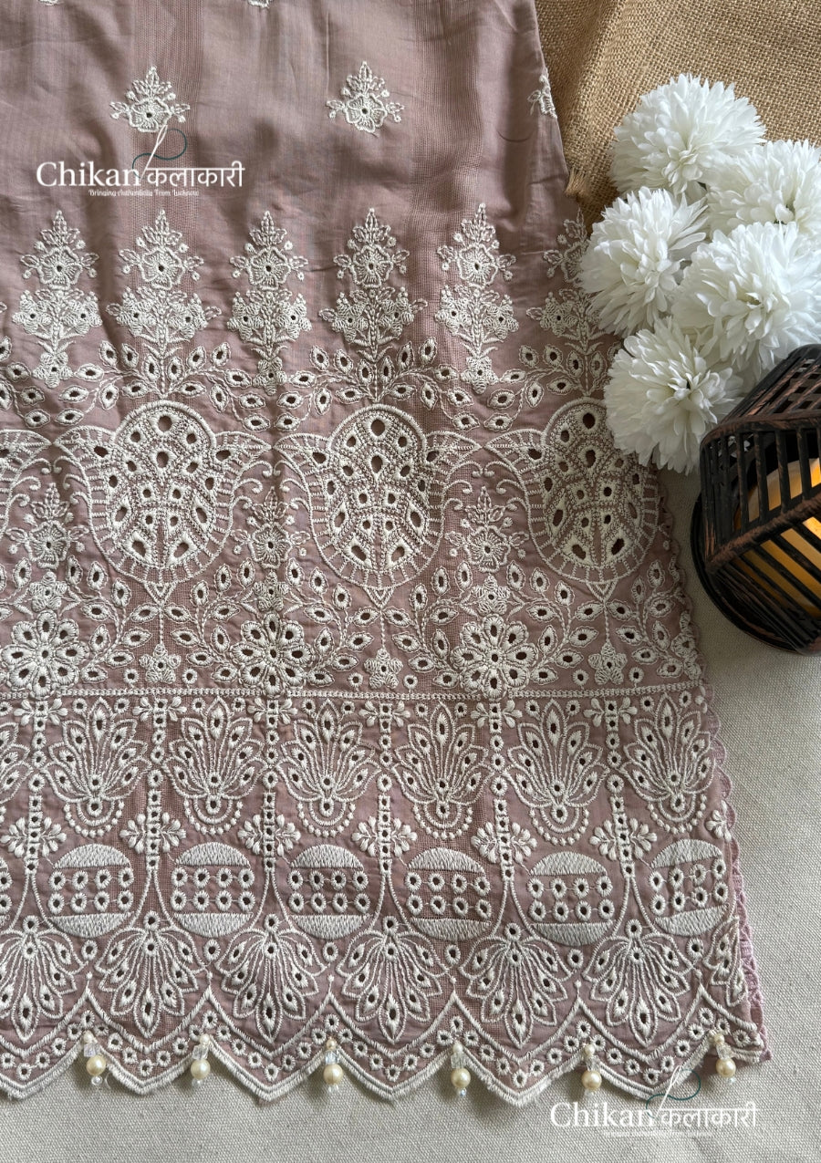 Adaa Dusty Pink Cotton Threadwork Straight Kurta With Palazzos & Dupatta
