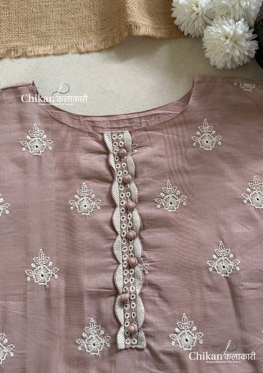 Adaa Dusty Pink Cotton Threadwork Straight Kurta With Palazzos & Dupatta