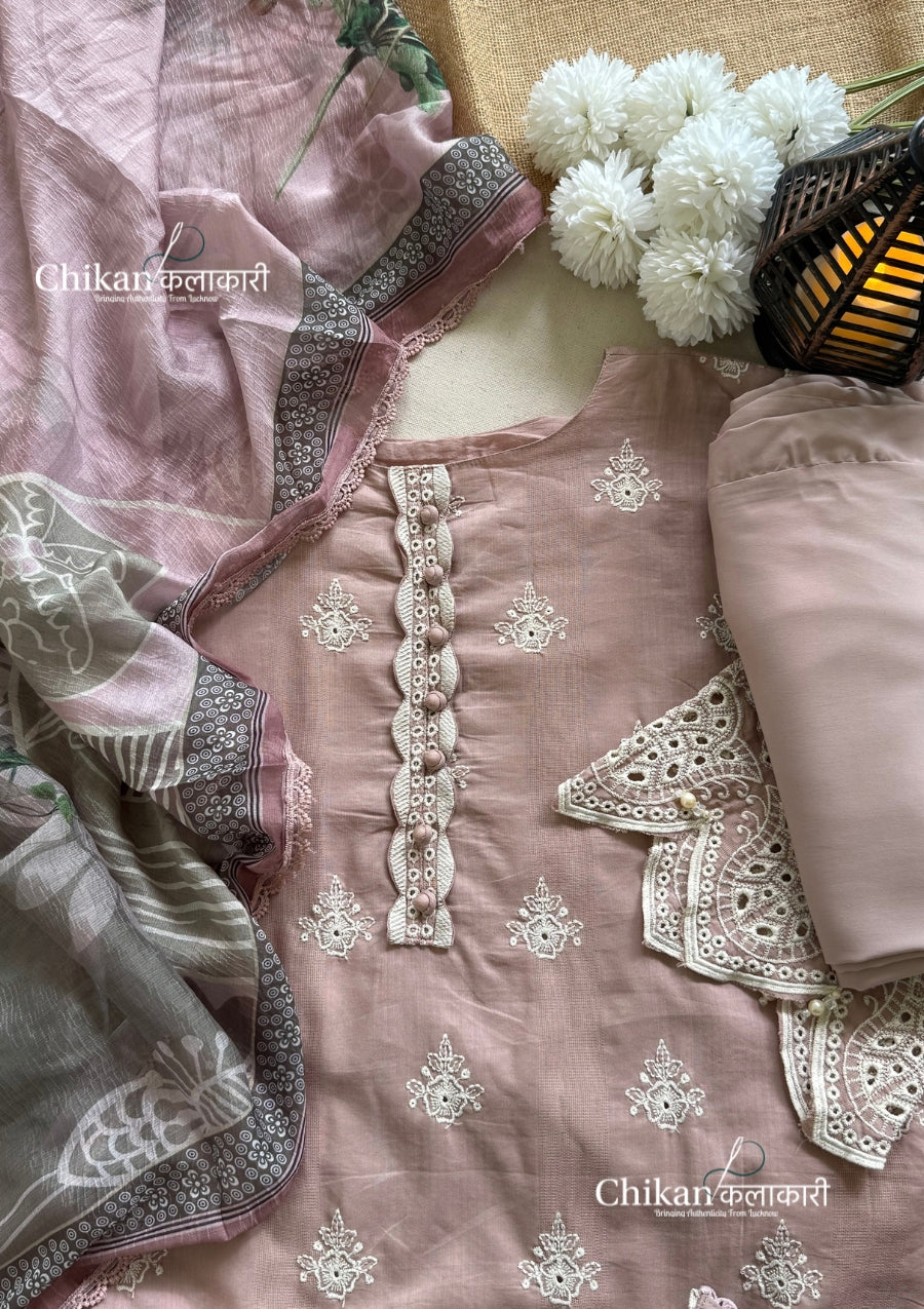 Adaa Dusty Pink Cotton Threadwork Straight Kurta With Palazzos & Dupatta