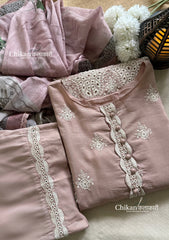 Adaa Dusty Pink Cotton Threadwork Straight Kurta With Palazzos & Dupatta