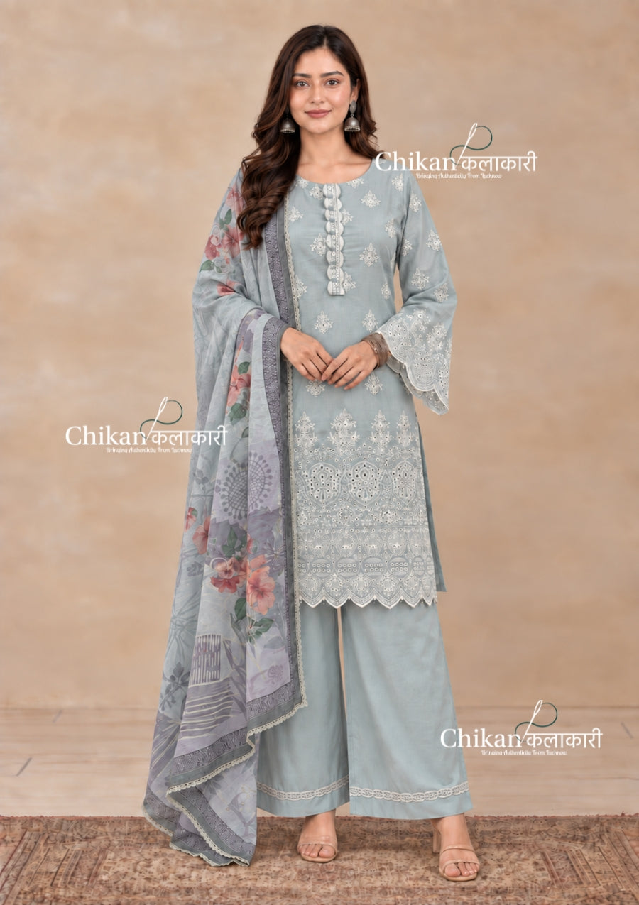 Adaa Sage Green Cotton Threadwork Straight Kurta With Palazzos & Dupatta